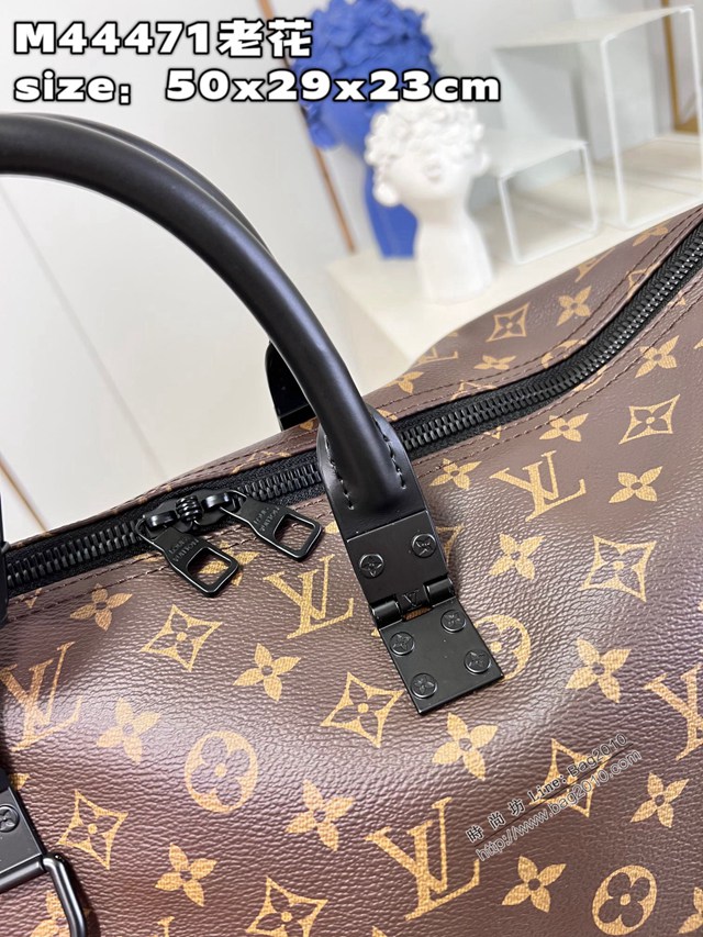 LV專櫃2023新款KEEPALL 50旅行袋 M44471老花 路易威登Monogram花紋搭配啞光橘色鏈帶旅行包 dn1153